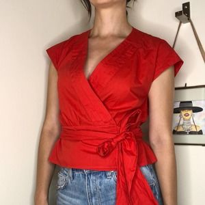 Banana Republic Red Wrap Cropped V-Neck Blouse XS